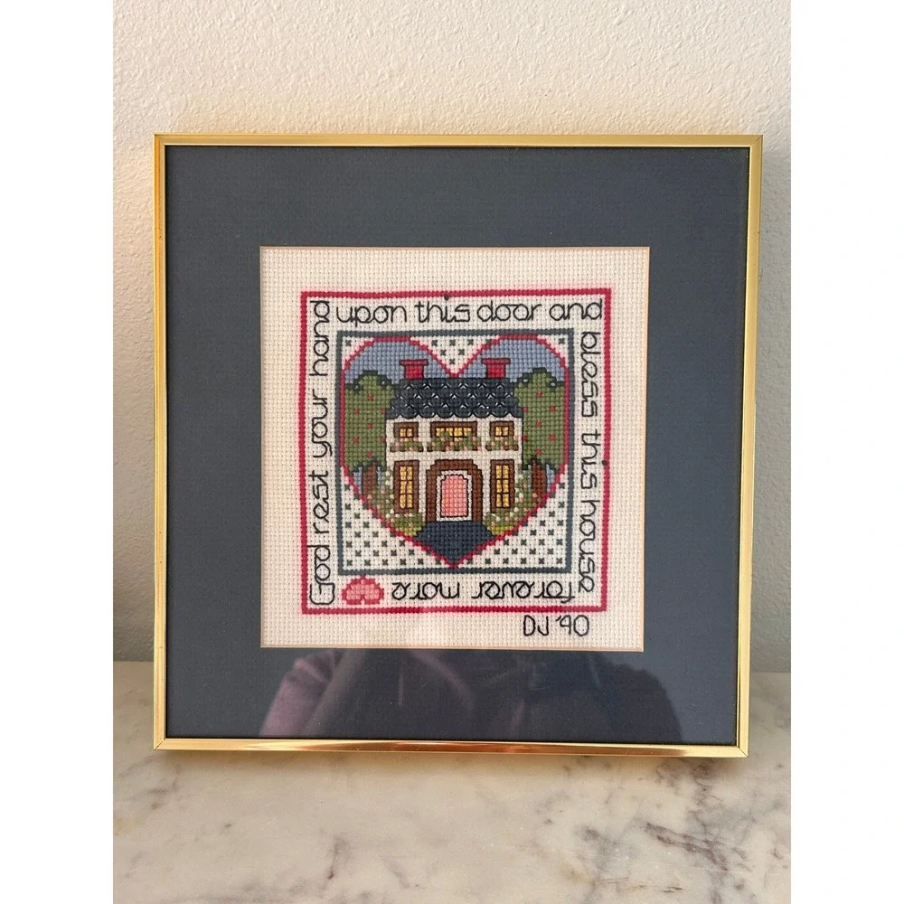 Vintage 1990 Handmade Cross Stitch Framed Wall Art House Blessing Gold Nielsen